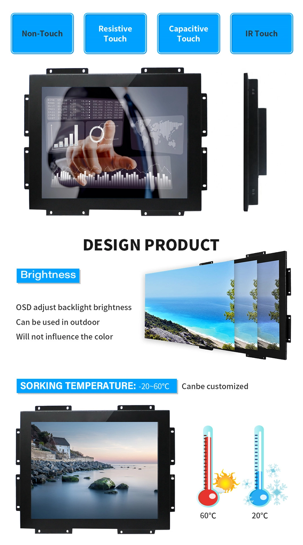 15.6 Inch J1900 Aio 10 Points Multi System IP65 Waterproof FHD LCD Display Wall Mount Embedded LCD Touch Screen Monitor