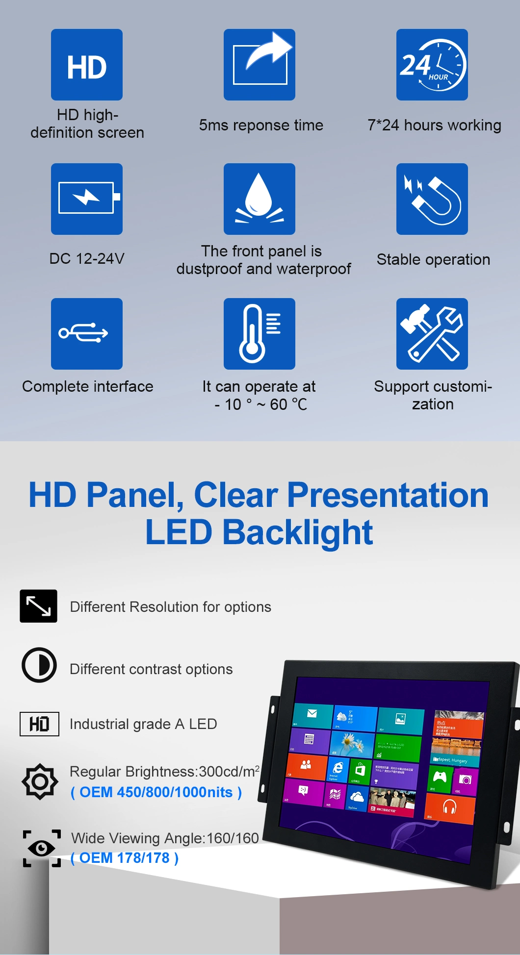 18.5 Inch 1366*768 HDMI VGA AV BNC Non Touch Screen Metal Case TFT Open Frame Embedded OEM ODM Industrial LCD Monitor